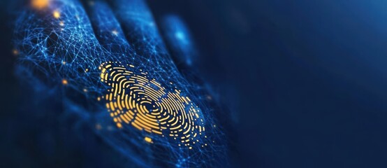 Naklejka premium digital fingerprint glows on networked hand, symbolizing biometric technology and security. image conveys futuristic and secure atmosphere