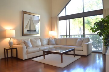 Fototapeta premium Nautical-themed wall art featuring a sailboat, displayed in a light-filled coastal home. Bright light and spacious copy space. --ar 3:2 --chaos 20