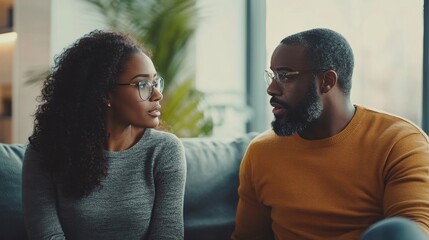 Obraz premium A young woman and a man sitting on a couch, looking at each other and talking.