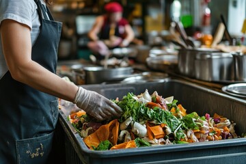 Restaurant Worker Disposing of Food Waste in Kitchen