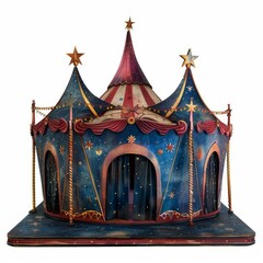 Miniature circus tent with red and blue fabric standing on stage, waiting for the show to begin