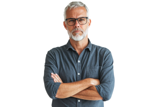 Mature man with glasses and crossed arms indoors, cut out transparent