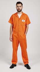 Fototapeta premium Orange prison jumpsuit with ID tag on chest against stark white backdrop symbolic
