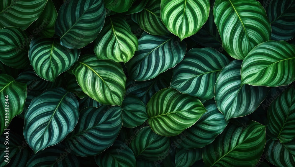 Poster Lush green leaves with intricate patterns create a vibrant, textured surface