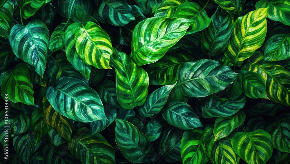 Poster close up of lush green leaves showcasing intricate patterns and a variety of textures on dark backgr