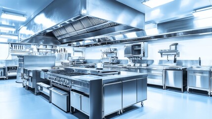 Professional, Stainless Steel, Industrial Kitchen. Restaurant Equipment and Utensils in Blue Tones