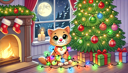 A cute and playful kitten sitting next to a large green Christmas tree decorated with colorful lights and glowing Christmas ornaments
