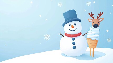Fototapeta premium Christmas snowman with reindeer-shaped ice cream, winter scene, flat design illustration