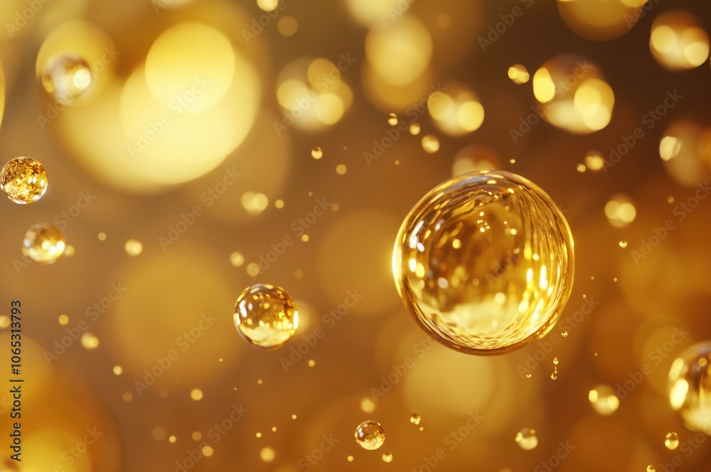 Poster Close up of shimmering golden bubbles floating in a blurred background