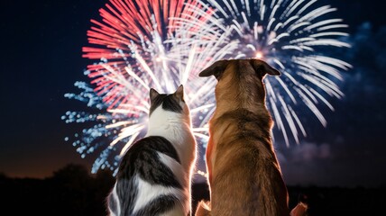 Dog and Cat Watching Fireworks Display Fourth of July Celebration
