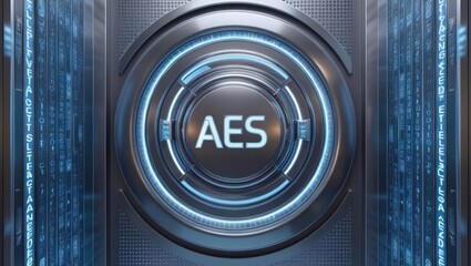 A modern representation of AES encryption technology with glowing lines and digital elements in a high-tech design.