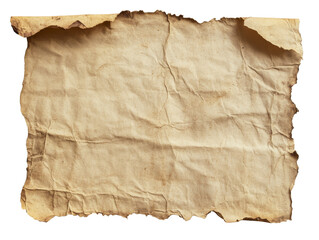 Aged parchment paper with torn edges lying on a flat surface, transparent