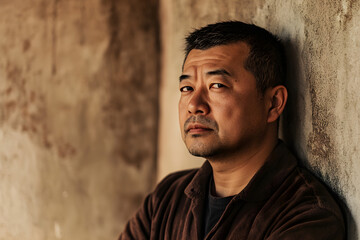 Obraz premium A contemplative asian man gazes thoughtfully while leaning against a textured wall, embodying a minimalist aesthetic and deep emotional expression