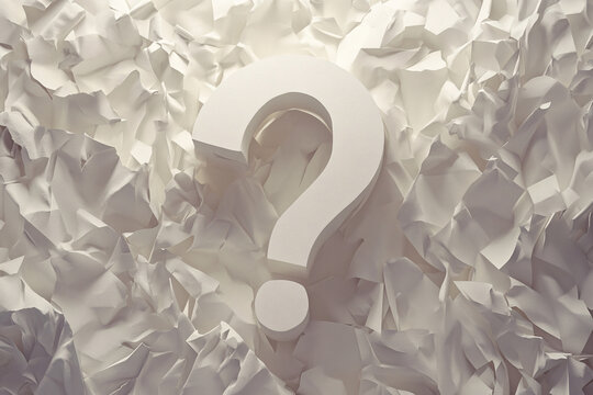 3D question mark on a background of crumpled white paper symbolizing confusion inquiry and problem-solving in a minimalist style
