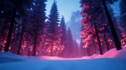 Snowy forest with illuminated trees under a starry night sky, serene winter atmosphere.