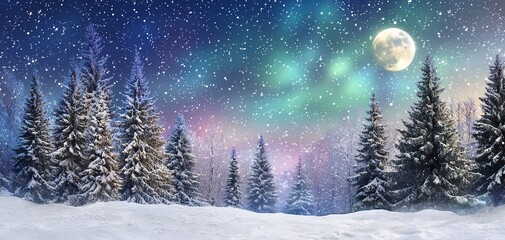 Fototapeta premium Snowy forest under a starry sky with northern lights and a bright full moon.