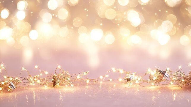 Elegant pink backdrop with glowing gold bokeh particles, ideal for Christmas themes or product showcases.