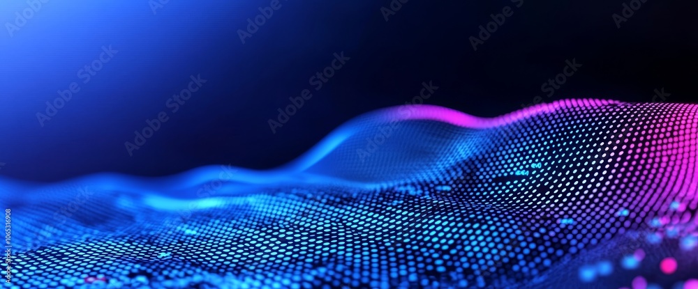 Fototapete An abstract bg with geometric square elements grid on a dark background with a blue pixel pattern. Background texture with dissolve rectangle dot particles that form a gradient.