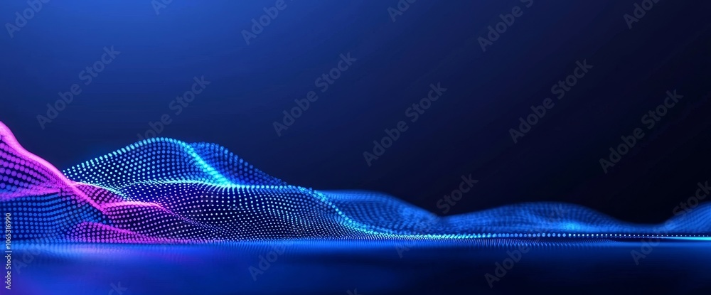 Poster This is a dark background with a blue pixel pattern. Modern illustration of abstract background with geometric square elements grid. Digital backdrop with dissolve rectangle dots gradient texture.