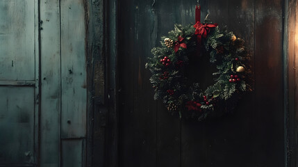 Rustic Christmas wreath with red berries and pine cones hanging on an old wooden door, capturing a cozy and traditional holiday atmosphere with soft warm lighting.