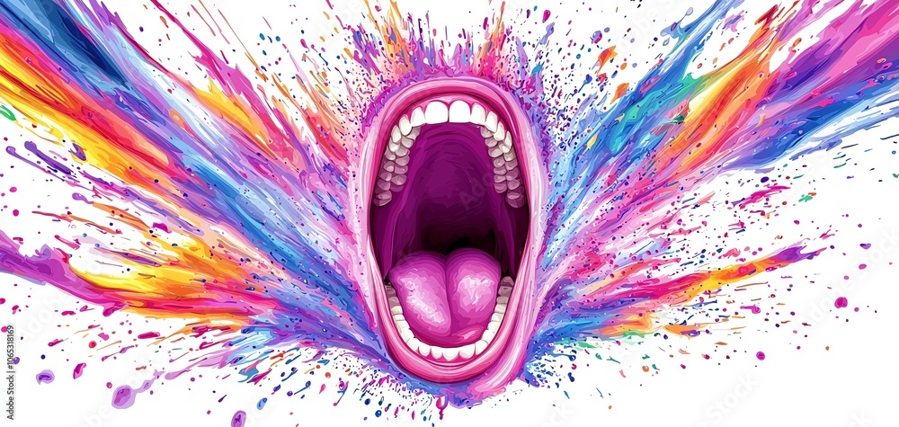 Poster a vibrant depiction of a mouth wide open, surrounded by an explosion of colorful splashes, symbolizi