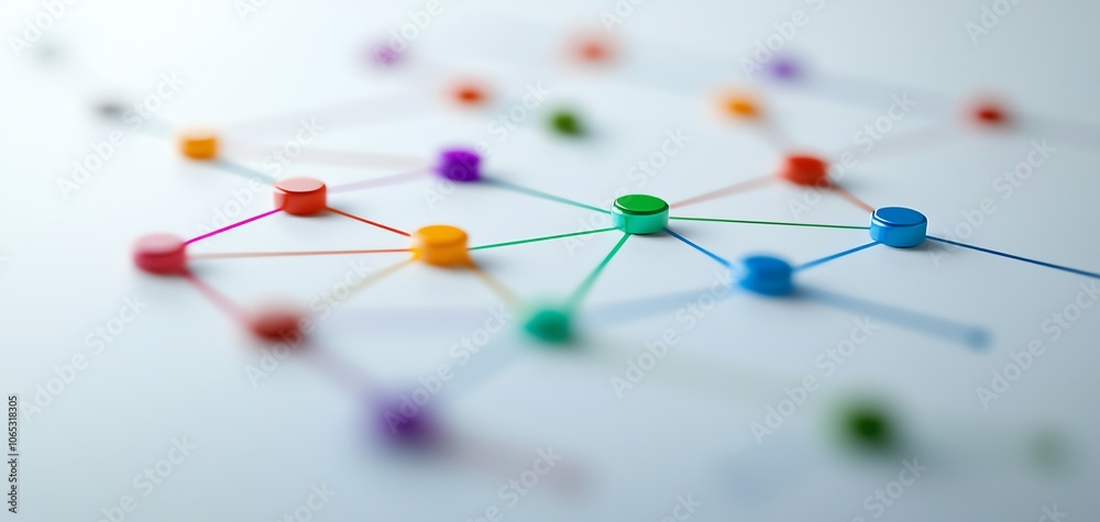 Poster Colorful network connections on a white background, illustrating digital communication and connectivity. Perfect for technology-related concepts and abstract design.
