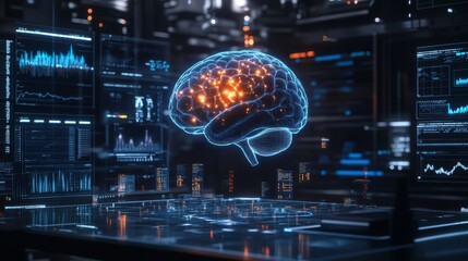 Obraz premium Digital Brain Hologram with Glowing Connections on a Futuristic Tech Interface