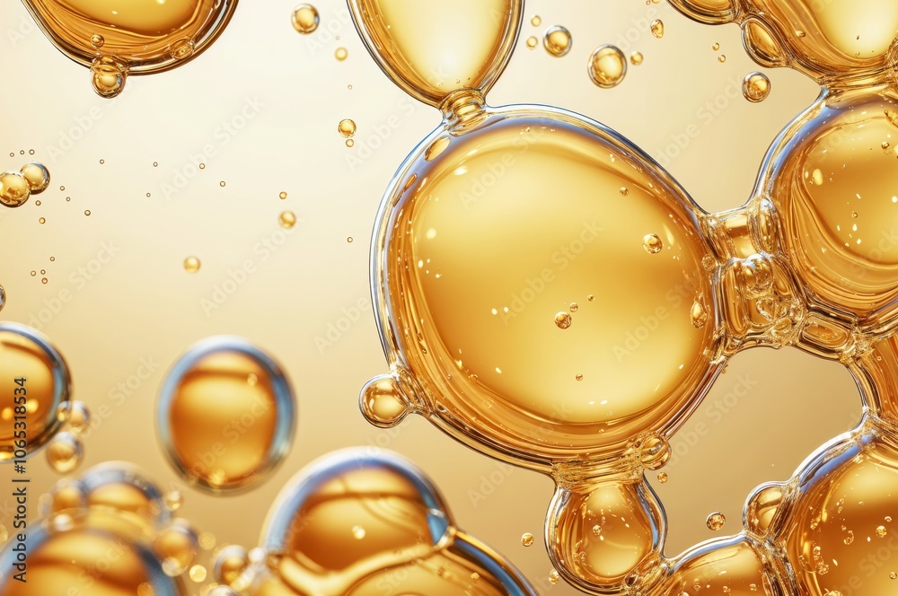 Poster Golden bubbles floating on a smooth, gradient background
