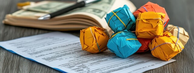 Abstract cubes made of tax documents, rotating with graph lines connecting them, minimalistic aesthetic