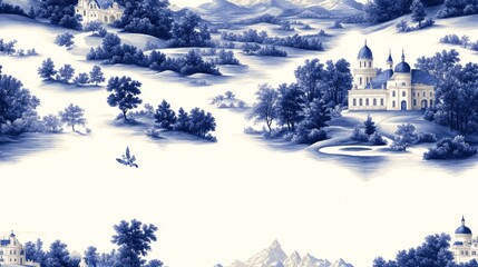 Whimsical Toile de Jouy Pattern with Scenic Landscapes