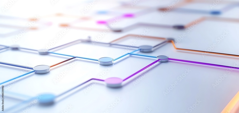 Fototapete Abstract futuristic background with interconnected lines and nodes in vibrant colors, showcasing a technological network or circuit design.