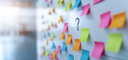 A close-up of colorful sticky notes on a wall, with a question mark symbolizing brainstorming and idea generation in a collaborative workspace.