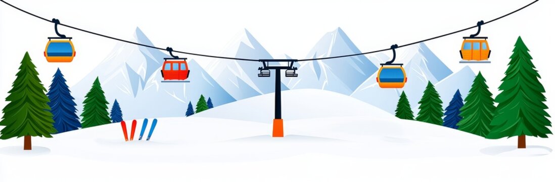 An animated winter skiing resort landscape with snow-covered mountains, fir trees, a wooden chalet, a gondola, and skiers' equipment. An animation of a modern skiing resort landscape.