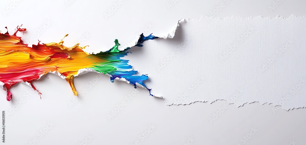 Poster a vibrant splash of rainbow colors bursting through a torn piece of white paper, creating a dynamic 