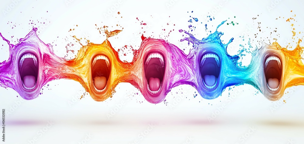 Poster Vibrant splashes of paint form expressive faces, capturing a range of emotions through color and movement, set against a clean white background.