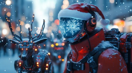 futuristic Santa concept, cybernetic Santa Claus wears a tech red suit, led patterns, and a visor showing digital snowflakes, giving gifts with robot reindeer