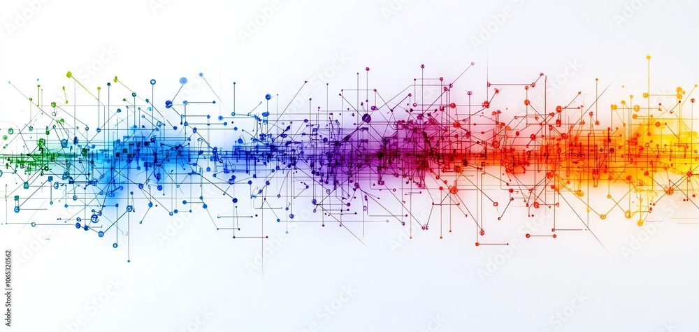 Poster colorful abstract digital line art with geometric shapes and nodes, showcasing a gradient from blue 