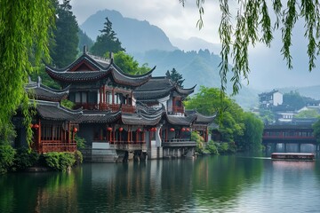 Naklejka premium Classic architecture with ornate details reflects on a peaceful river surrounded by lush greenery and distant hills.