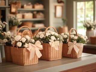 Beautifully wrapped baskets with ribbons and floral accents, creating an eye-catching store display