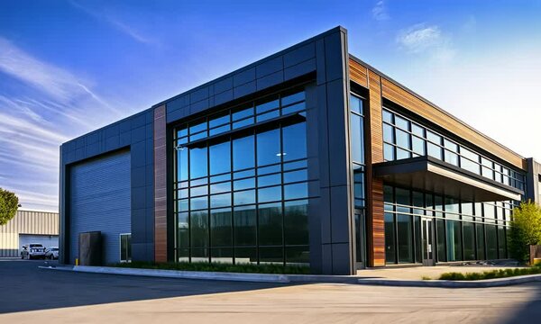 exterior of a modern warehouse with a small office unit