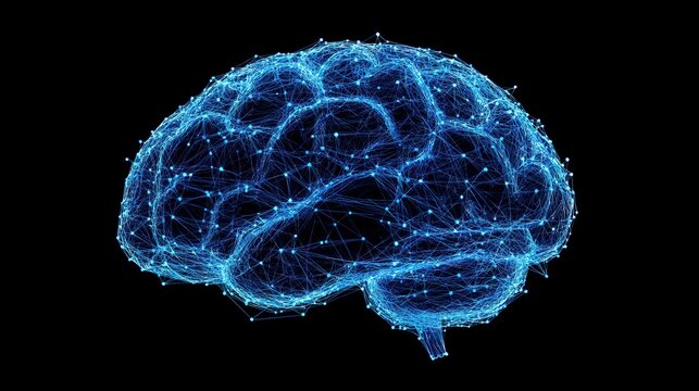 Digital 3D render of human brain wireframe blue geometric connections