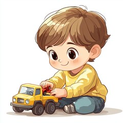Cute Cartoon Boy Playing with Yellow Toy Truck in Fun, Playful Scene Vibrant Illustration of Happy Child with Toy Truck Enjoying Playtime Adventure Cute Cartoon Boy Playing with Toy Truck