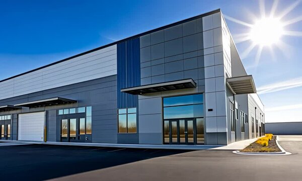 exterior of a modern warehouse with a small office unit