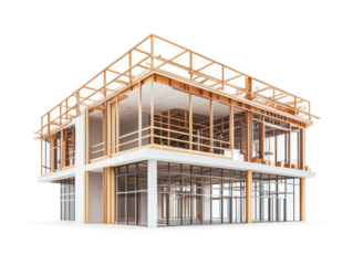 Modern architectural design featuring wooden framework of a building, transparent