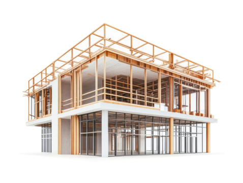 Modern architectural design featuring wooden framework of a building, transparent