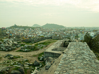 Obraz premium Ancient Roman theater of Philippopolis. It was built during the time of the Roman emperor Marcus Ulpius Trajan. Plovdiv, Bulgaria.Beautiful autumn view of the residential area of ​​Plovdiv, Bulgaria, 