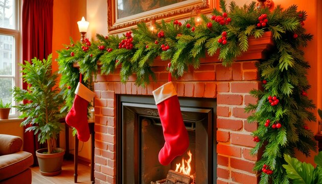 Cozy fireplace decorated with Ostrolist, greenery and red stockings for a warm holiday ambiance