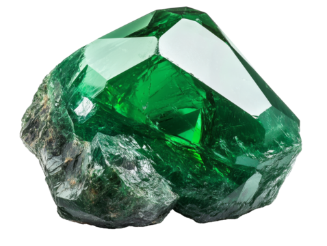 Natural emerald crystal with vivid green color and sharp facets, transparent
