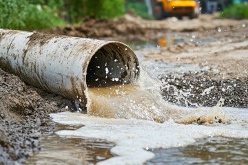 Bursting pvc water pipe leads to soil leakage; a flood of gushing water requires immediate plumbing fixes and construction approaches