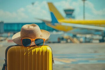 Fototapeta premium Yellow suitcase with straw hat and sunglasses at airport terminal with airplane in background. Travel and vacation preparation concept